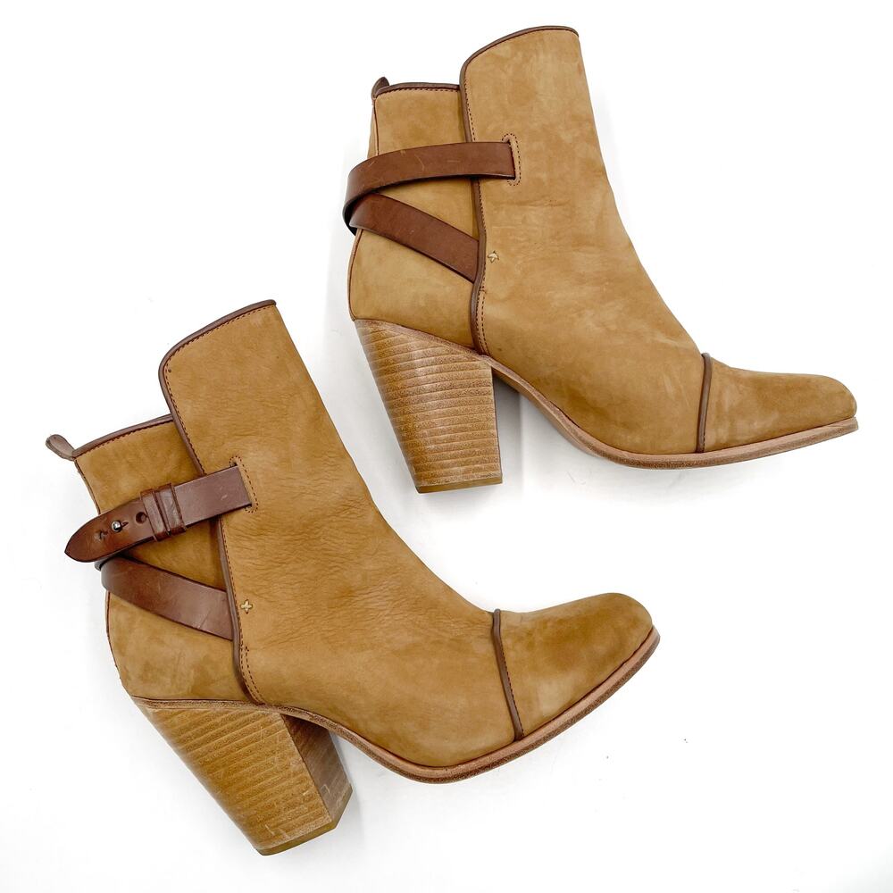 Rag & Bone Kinsey Boots Tan Leather Ankle Strappy‎ Block Heel Sz 10